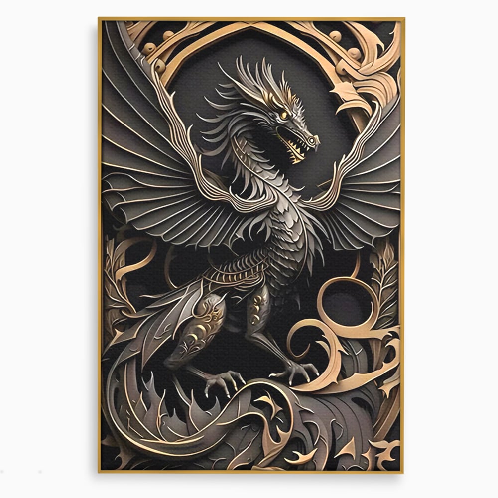Tablou canvas cu ilustratie digitala cu dragon mitic, in rama de aluminiu auriu